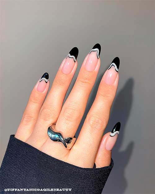 Long Almond Twisted French Black Sparkly New Years Eve Nails Design Long Almond Twisted French Black Sparkly New Years Eve Nails Design