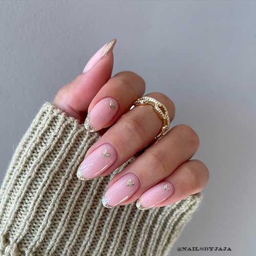 Medium Round Delicate Gold French New Year Nails with Gold Glitter Hearts on Each Nail Medium Round Delicate Gold French New Year Nails with Gold Glitter Hearts on Each Nail