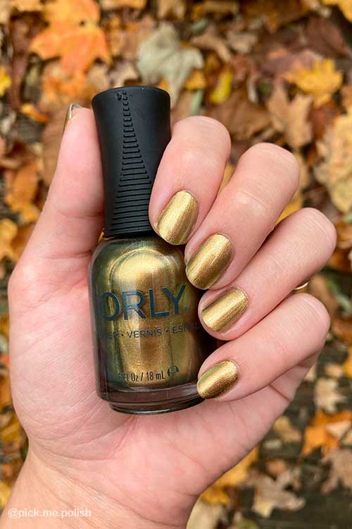 Short Round Golden Olive Shimmer Nails with Whispered Lore Orly Nail Polish from Momentary Wonders Collection 2021