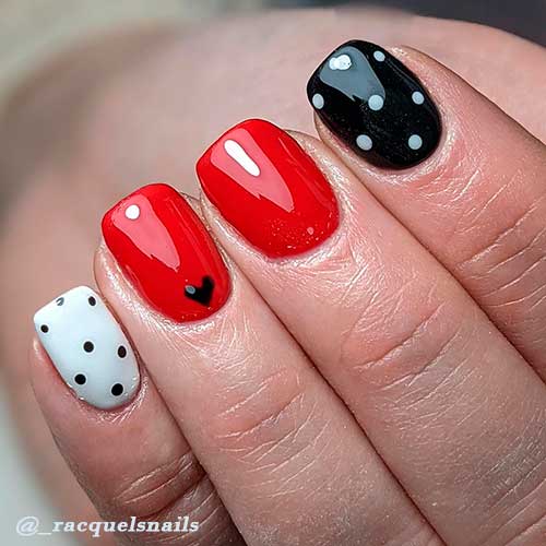 Short Square Red Nail Design with Black and White Polka Dot Accents