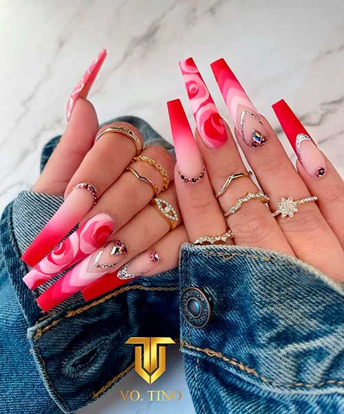 Abstract red nails design that combines red French ombre, red French tip accent, and abstract red nail art Abstract red nails design that combines red French ombre, red French tip accent, and abstract red nail art