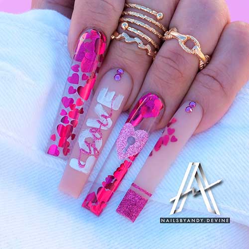Acrylic and Clear Valentines Nails with Heart Glitters Long Square Acrylic and Clear Valentines Nails 2022 with Heart Glitters, Rhinestones, and Love You Words