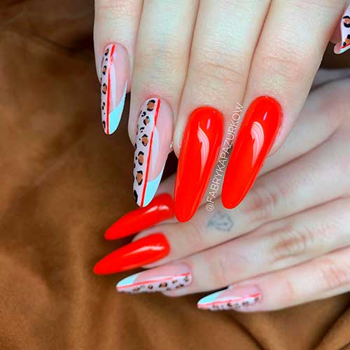 Long Almond Shaped Attractive Red Nails with Leopard Print On Half White French Nail Tips