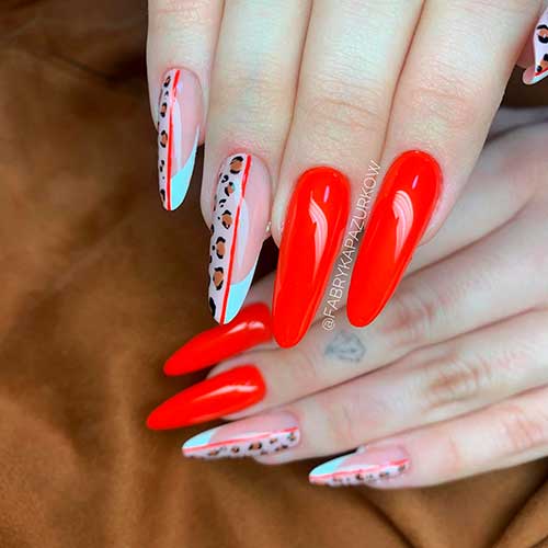 Attractive Red Nail Design with Leopard Print Long Almond Shaped Attractive Red Nails with Leopard Print On Half White French Nail Tips