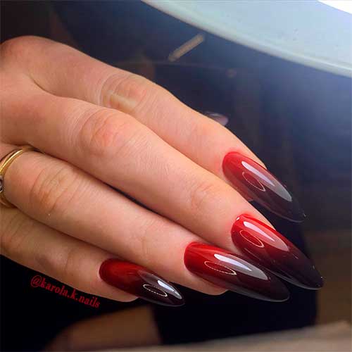 Long Almond Shaped Black and Red Ombre Nails Design