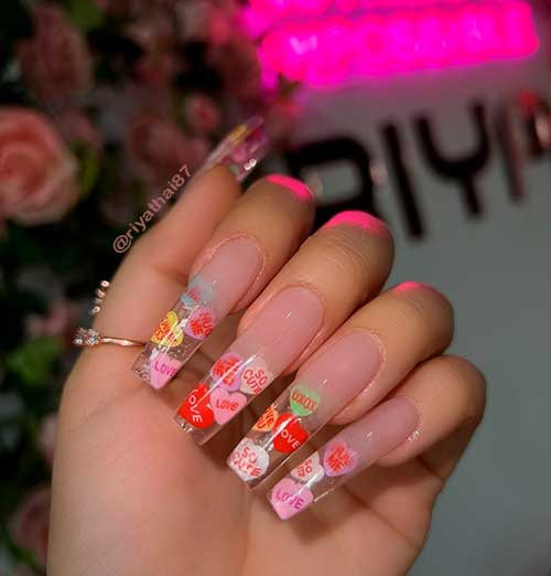 Long Clear Coffin Charming Candy Hearts Valentines Nails Design
