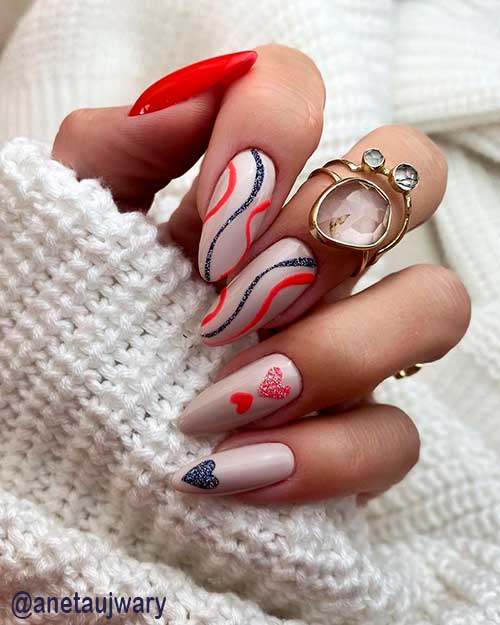 Long Almond Shaped Curves and Hearts Red Valentines Nails 2022 Design