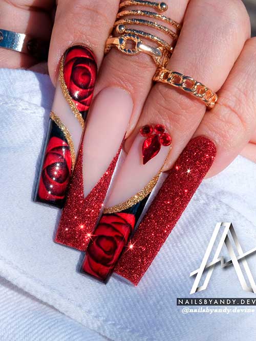 Extra long square glitter red valentines day nails with red roses on two black accents adorned with gold glitter Extra long square glitter red valentines day nails with red roses on two black accents adorned with gold glitter