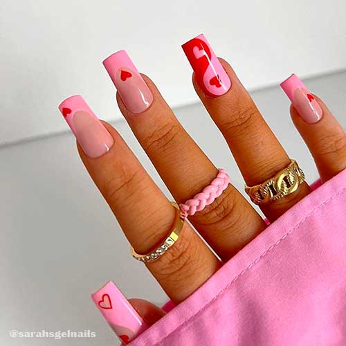 Medium Square Shaped French Pink Valentines Day Nails 2022 with Small Red Heart Shapes
