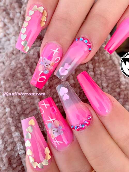 Gel coffin pink valentines day nails with heart glitter and rhinestones