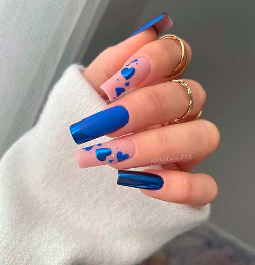 Glamorous Glossy Long Square Shaped Royal Blue Valentines Nails with Blue Hearts on Two Pink Accents