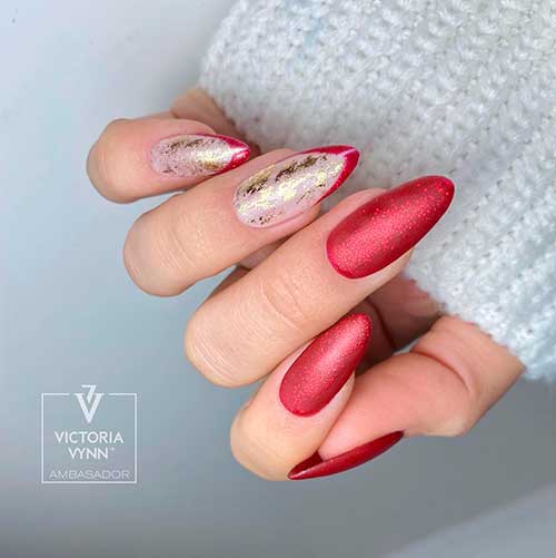 One of the Cutest Glittery Matte Red Nail Designs with Two French Tip Accents with Gold Transfer Foil Patches