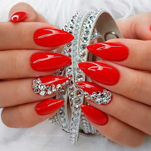 Glossy Red Nail Design with Silver Rhinestones Medium Almond Shaped Glossy Red Nail Design with Silver Rhinestones on Accent Nail