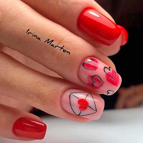 Glossy Short Square Red Valentines Day Nails 2022 with Red Hearts and Love Letter Accents