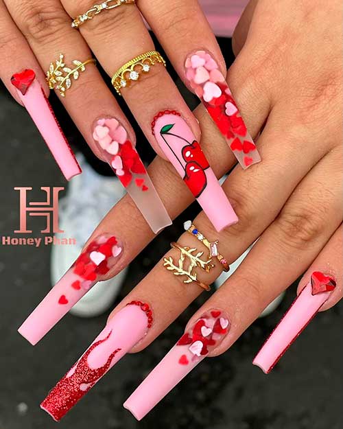 Long Square Hearts and Cherry, Pink and Red Valentines Nails 2022