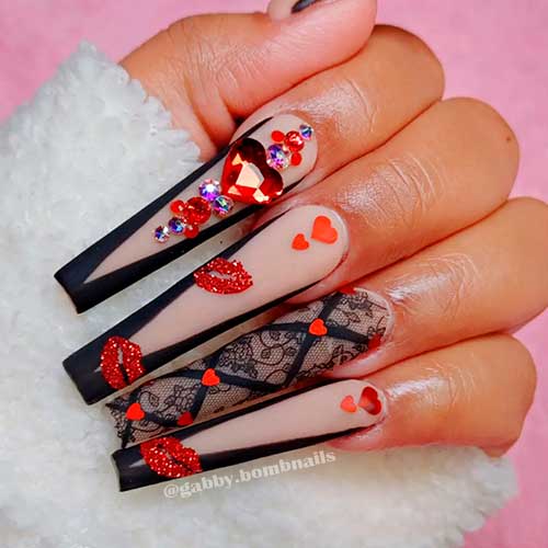 Hot Black French Valentines Day Nails Hot Black French Valentines Day Nails 2022 with Red Rhinestones, Hearts, and Glitter Kisses Besides Accent Lace Nail