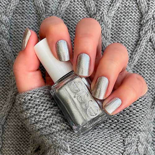 Short Square Shimmering Silver Nails That Use Jingle Belle Essie Nail Polish