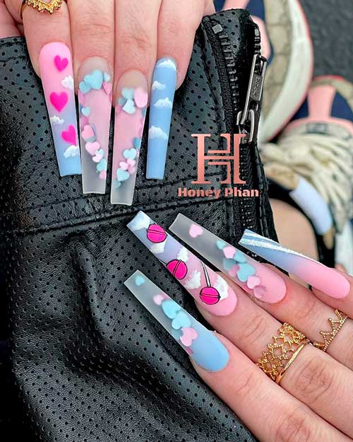Long Matte Coffin Cotton Candy Ombre Light Blue and Pink Valentines Nails 2022