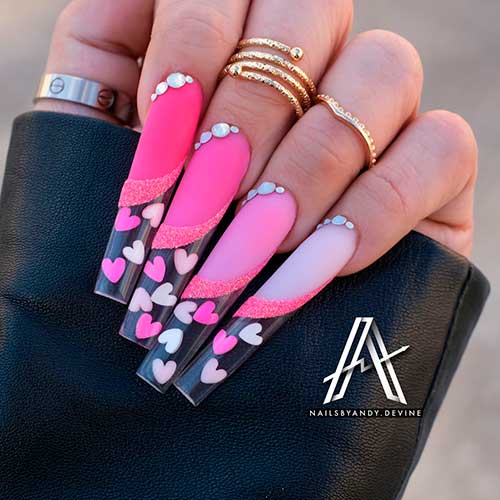 Long Coffin Different Shades of Pink Valentines Day Nails Design with Pink Glitter, White and Pink Hearts on Clear Tips Long Coffin Different Shades of Pink Valentines Day Nails Design with Pink Glitter, White and Pink Hearts on Clear Tips