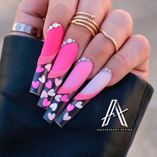 Long Coffin Different Shades of Pink Valentines Day Nails Design with Pink Glitter, White and Pink Hearts on Clear Tips