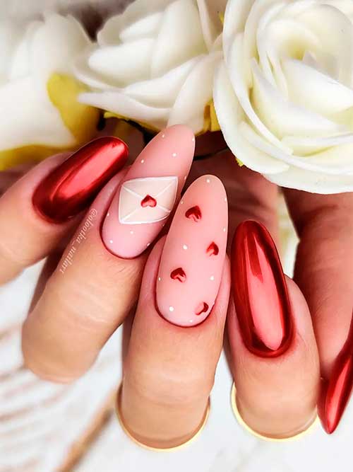 Long Round Metallic Red valentines day nails 2022 with red hearts over two nude accents