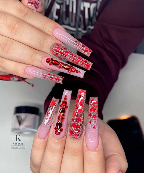 Long Valentines Day Nails Acrylic Design Long Valentines Day Nails Acrylic Design with Red Glitter Hearts and Micro Fine Glitter On Clear Acrylic Tips