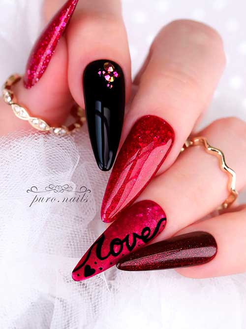 Long almond shaped transparent red valentines nails 2023 with encapsulated silver glitter and LOVE letters on an accent nail