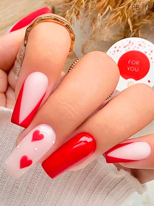 Long square V French glossy red valentines day nails 2022 with red heart shapes