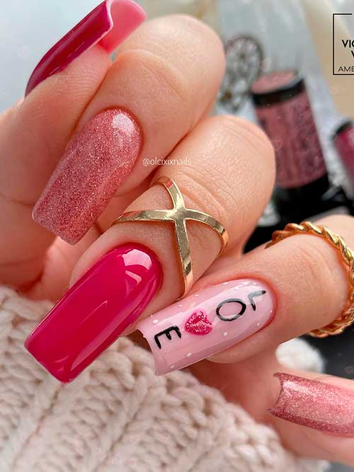 Long square glitter, pink, and red valentines day nails with love word on accent pink nail Long square glitter, pink, and red valentines day nails with love word on accent pink nail