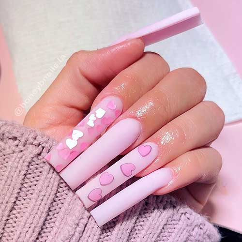 Long Square Shaped Matte Baby Pink Valentines Day Nails Design with Lovely Hearts