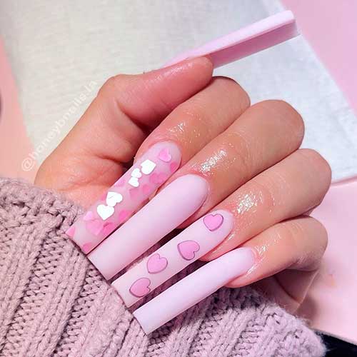 Matte Baby Pink Valentines Day Nails Design Long Square Shaped Matte Baby Pink Valentines Day Nails Design with Lovely Hearts