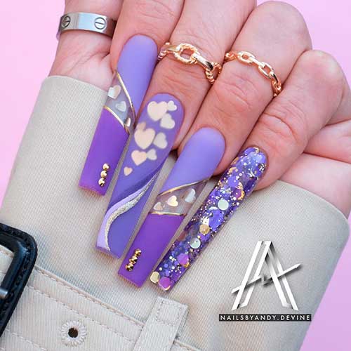 Matte Long Coffin Purple Lover Valentines Day Nails 2022 with Glitter and Rhinestones