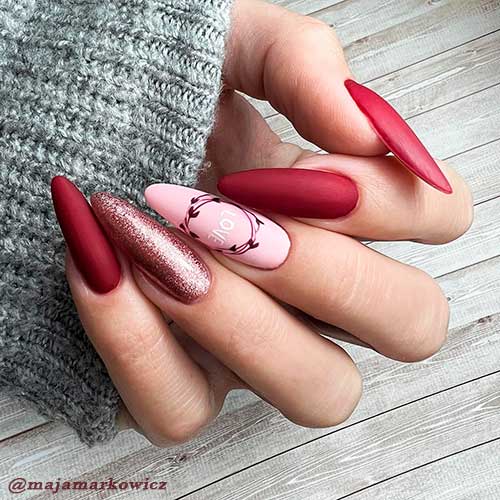 Long Almond Matte Dark Red Valentines Day Nails with Glitter and Pink Accents