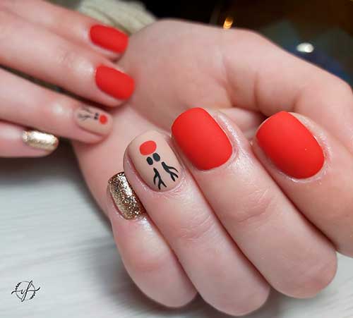 Matte Christmas Short Red Nails with Glitter and Reindeer Accents