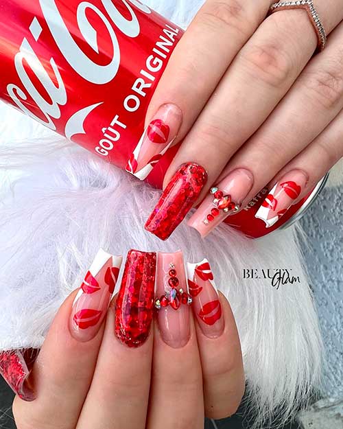 Gorgeous Long Coffin Shaped White French Tip Nails with Red Kisses, Rhinestones, and Two Accents Red Glitter Nail