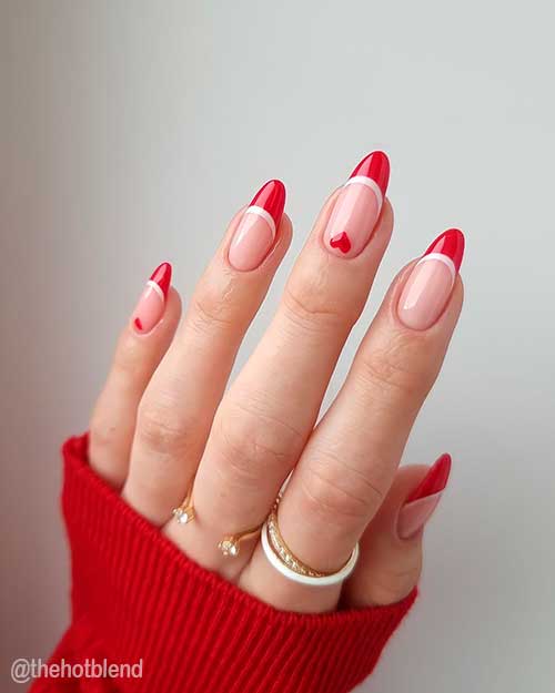 Long Almond Shaped Red and White French Valentines Day Nails Design 2022 with Red Heart Shapes