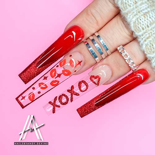Long Coffin Red Glitter French Nail Tips, XoXo and Lips on Clear Valentines Day Nails 2022 Design