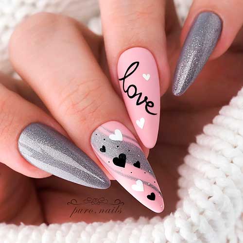 Shimmer Grey and Matte Pink Valentines Nails 2022 Almond Shaped with White And Black Hearts and Accent Love Word