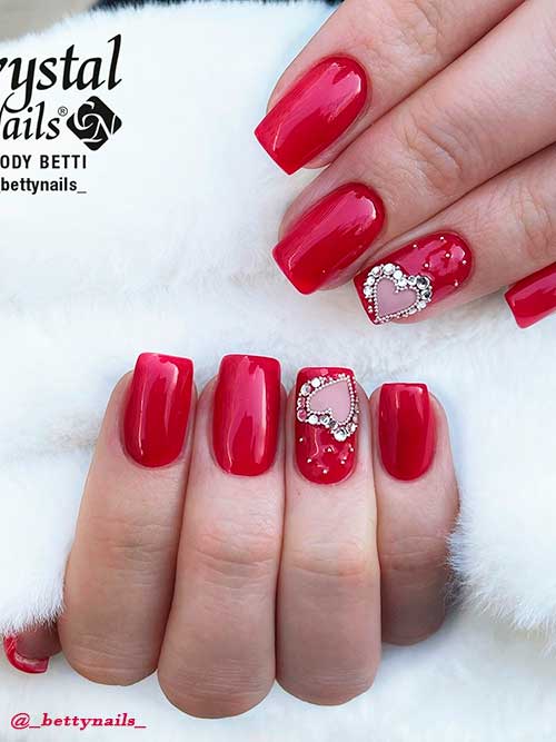 Short Square dark red valentines day nails with rhinestones on accent nail make lovely heart shape