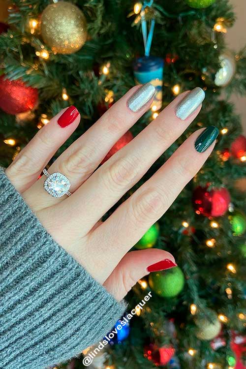 Silver, Red and Green Christmas Nails That Use Essie Nail Polish Colors Collection for Winter 2021/2022