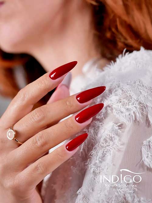 Simple Long Almond Shaped Dark Red Nails Simple Long Almond Shaped Dark Red Nails