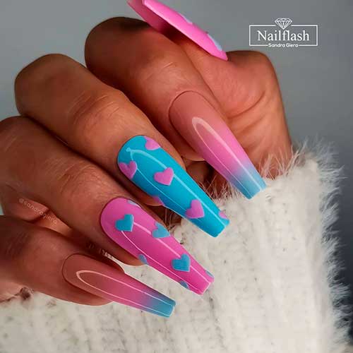 Long Coffin Soft Pink and Blue Ombre Valentines Day Nails 2022 Design