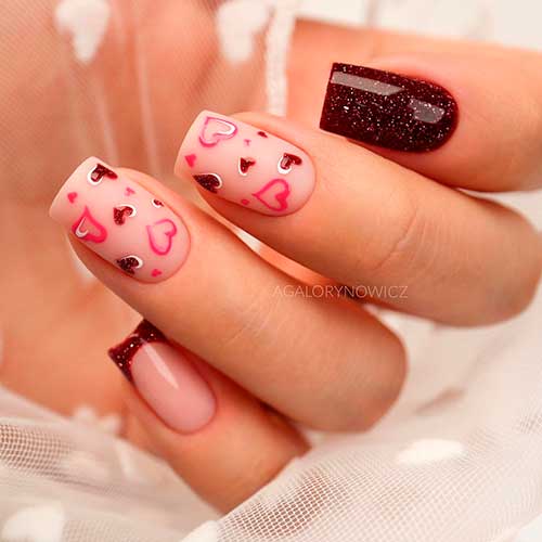 Sparkling Short Square Black Cherry Valentines Day Nails 2022 with Two Heart Accents