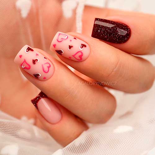 Sparkling Black Cherry Valentines Day Nails Sparkling Short Square Black Cherry Valentines Day Nails 2022 with Two Heart Accents