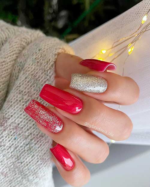 Long Square Shaped Sparkly Glossy Red Nails with Accent Glitter Nail