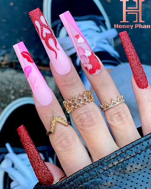 Long Coffin Shaped Sparkly Red with Hearts and Kisses Pink Valentines Nails 2022 