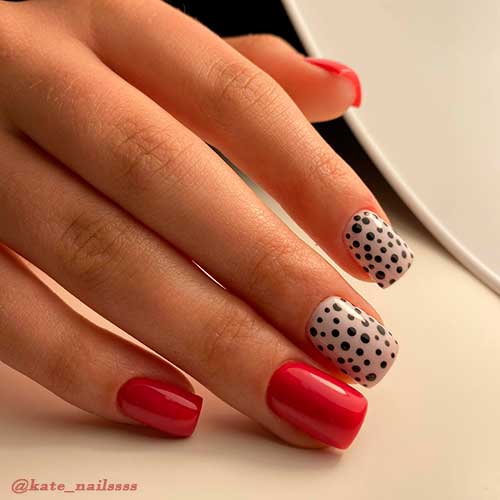 Short Square Red Nails With Two Accent Polka Dot Nails