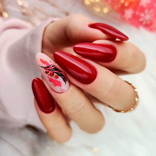 One of the Best Almond Stunning Cherry Red Nail Designs with Abstract Nail Art on Accent Nail with Rhinestones