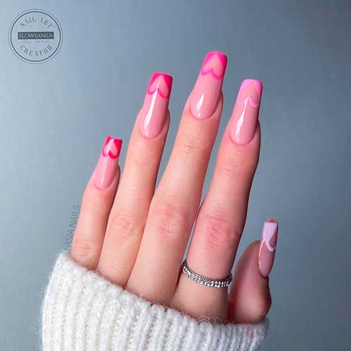Long Coffin White, Pink, and Red Heart Valentines Day Nails 2022 Over Nude Base Color