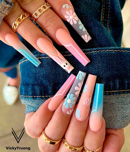 Matte Easter Ombre Spring Nail Design with Flowers and Bunny